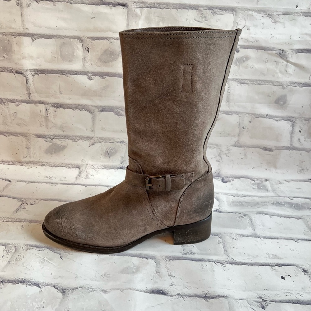 J. Crew Ryder grey suede mid calf pull on buckle boot size 7.5